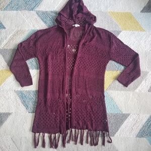 Maroon Wine Hooded Fringe Sweater LARGE